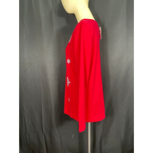 Holiday Long Tee and Beaded Scarf Red Falling Silver Snowflakes Karen Scott - Picture 6 of 8